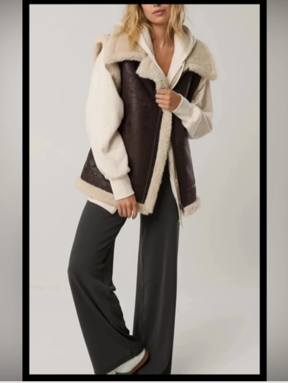 AERIE OFFLINE Faux Shearling Lined Brown Vest with Cream Collar - Picture 3 of 14